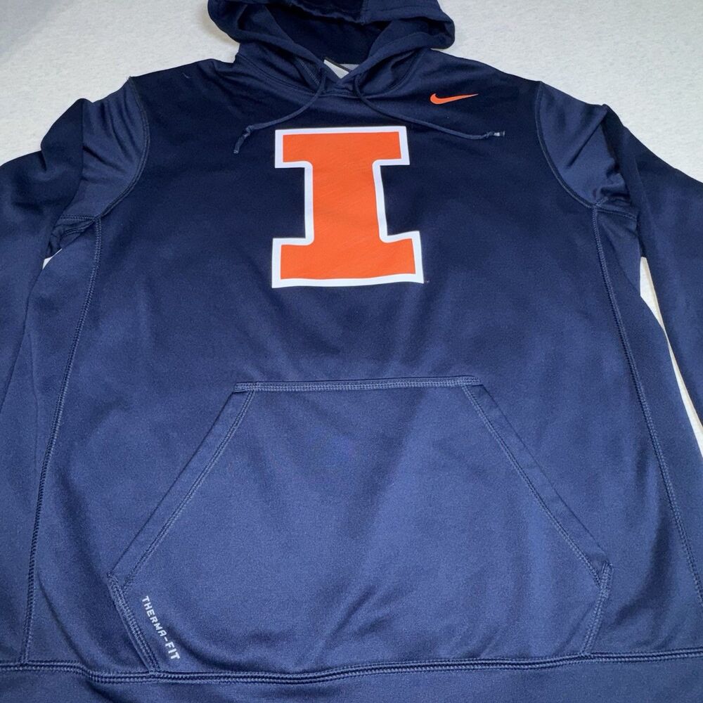 Mens Nike Therma-Fit Size Large Navy Blue & Orange Illinois Pullover Hoodie